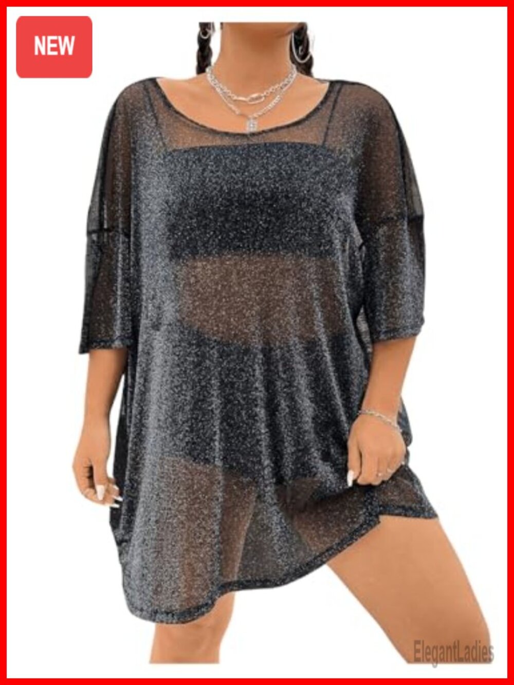 Plus Size Sparkle Mesh Sheer Tee Y2K Party Top Loose Fit